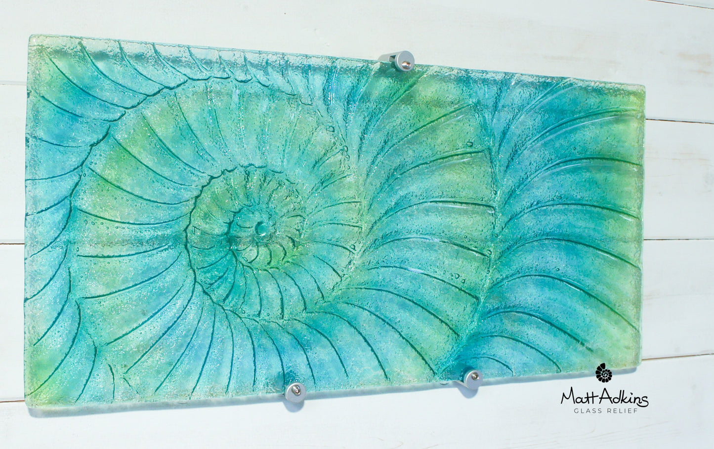Large Ammonite Glass Art 56x26cm(22x10"), Green Turquoise Blue Swirl Landscape Fossil Fused Glass Wall Sculpture, Nautilus Abstract Art