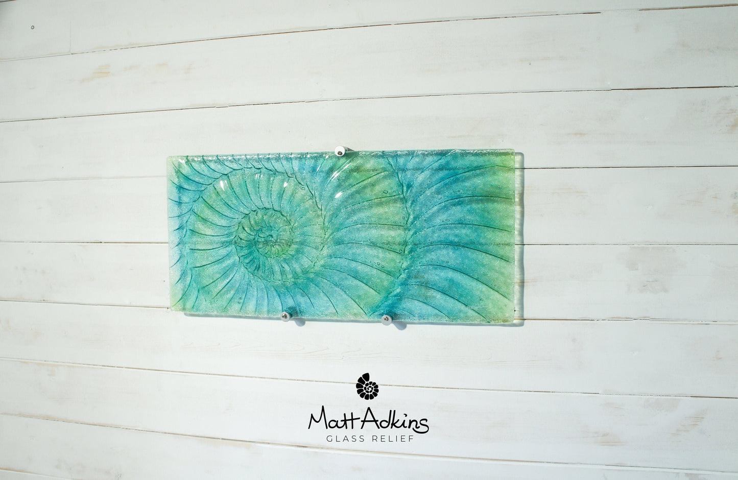 Large Ammonite Glass Art 56x26cm(22x10"), Green Turquoise Blue Swirl Landscape Fossil Fused Glass Wall Sculpture, Nautilus Abstract Art