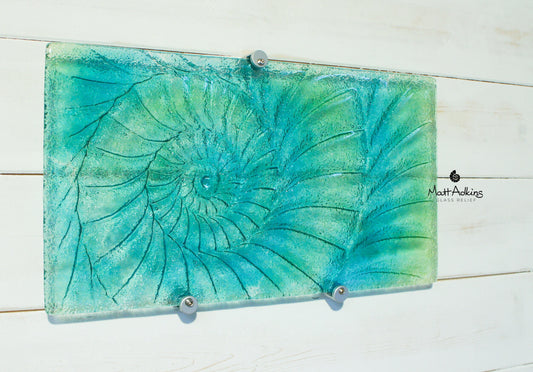 Ammonite Glass Art 42x22cm(16x9"), Blue Green Swirl Landscape Ammonite Fused Glass Wall Art, Fossil Nautilus Picture, bathroom decor