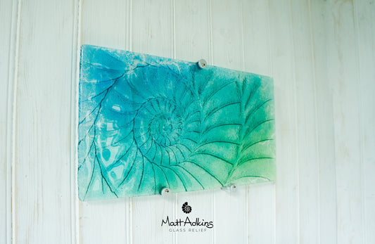 Ammonite Glass Art 42x22cm(16x9"), Blue Teal Green Landscape Ammonite Glass Sculpture Abstract Wall Art, Fossil Nautilus Seashell Picture