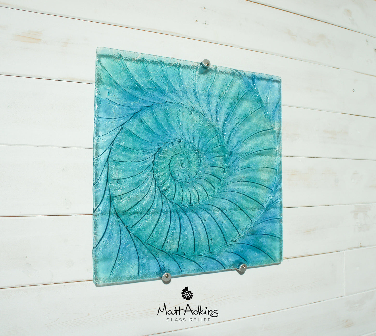 Large Ammonite Glass Art 40cm(16"), Turquoise Blue Square Ammonite Glass Wall Sculpture, Coastal Fused Glass, Fossil Nautilus Seashell Art