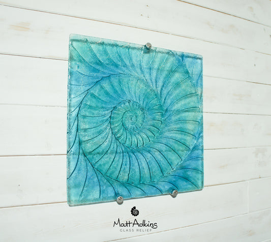 Large Ammonite Glass Art 40cm(16"), Turquoise Blue Square Ammonite Glass Wall Sculpture, Coastal Fused Glass, Fossil Nautilus Seashell Art