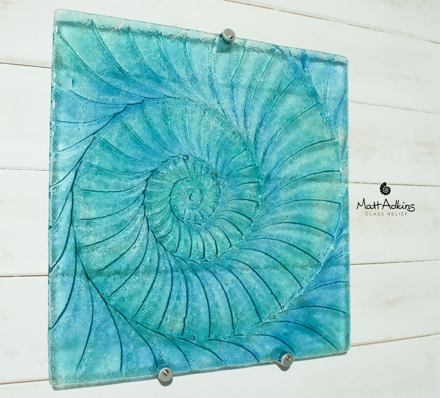 Large Ammonite Glass Art 40cm(16"), Turquoise Blue Square Ammonite Glass Wall Sculpture, Coastal Fused Glass, Fossil Nautilus Seashell Art