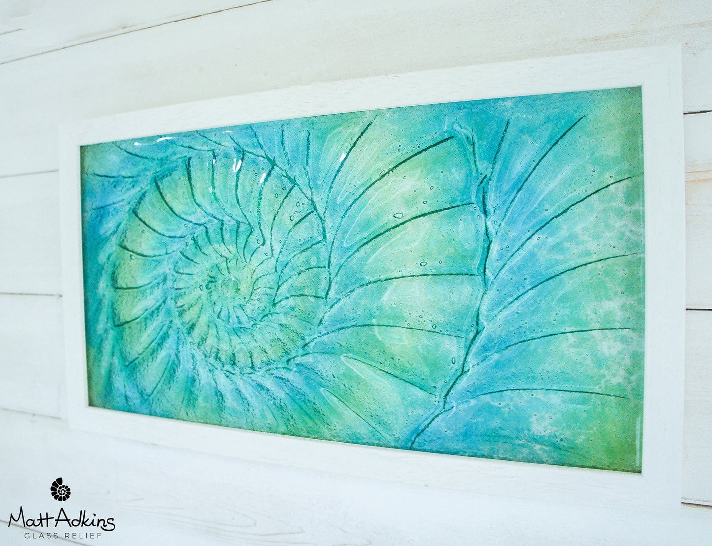 Glass Ammonite Frame 45x25cm (17x10"), Lime Green Turquoise Blue Landscape Frame Wall Art, Ammonite Fossil Nautilus, Shell Picture