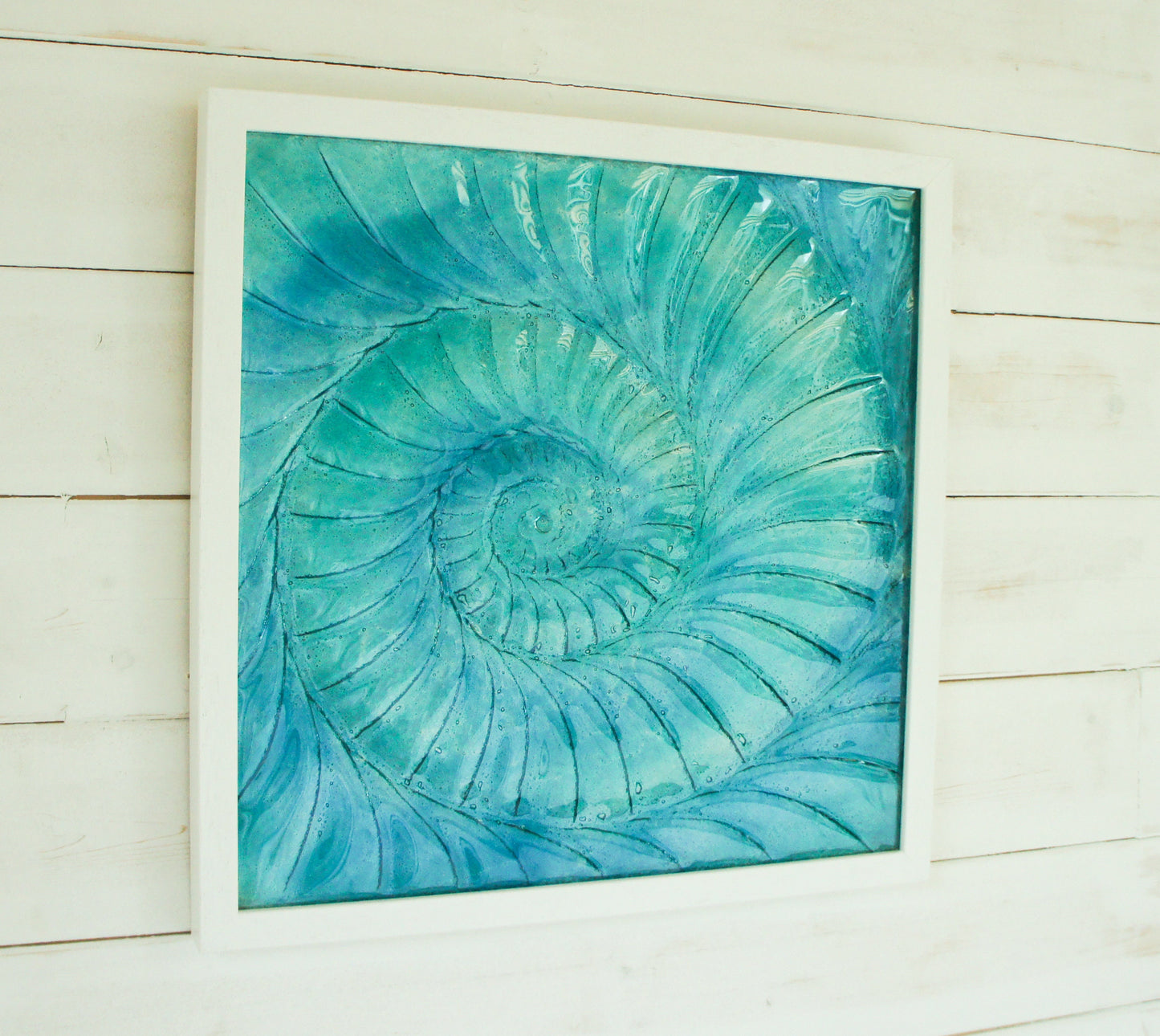 Large Ammonite Frame 44x44cm (17"x17"), Turquoise Blue Fossil Swirl Glass Sculpture Framed Picture, Nautilus Seashell Glass Wall Art