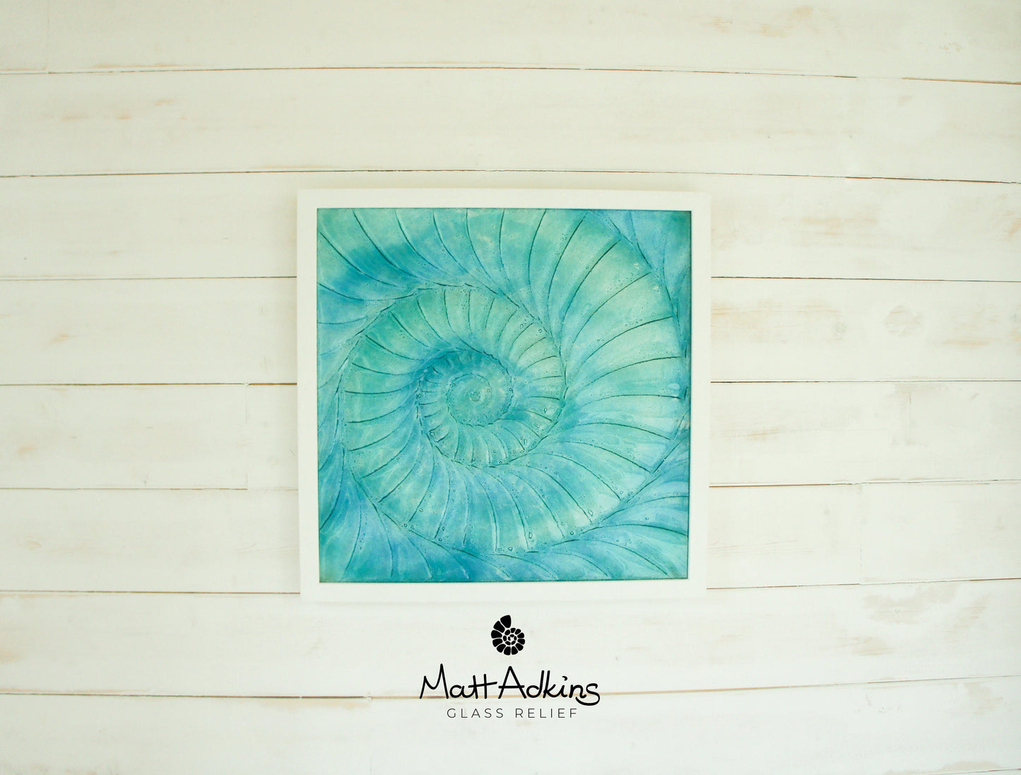 Large Ammonite Frame 44x44cm (17"x17"), Turquoise Blue Fossil Swirl Glass Sculpture Framed Picture, Nautilus Seashell Glass Wall Art