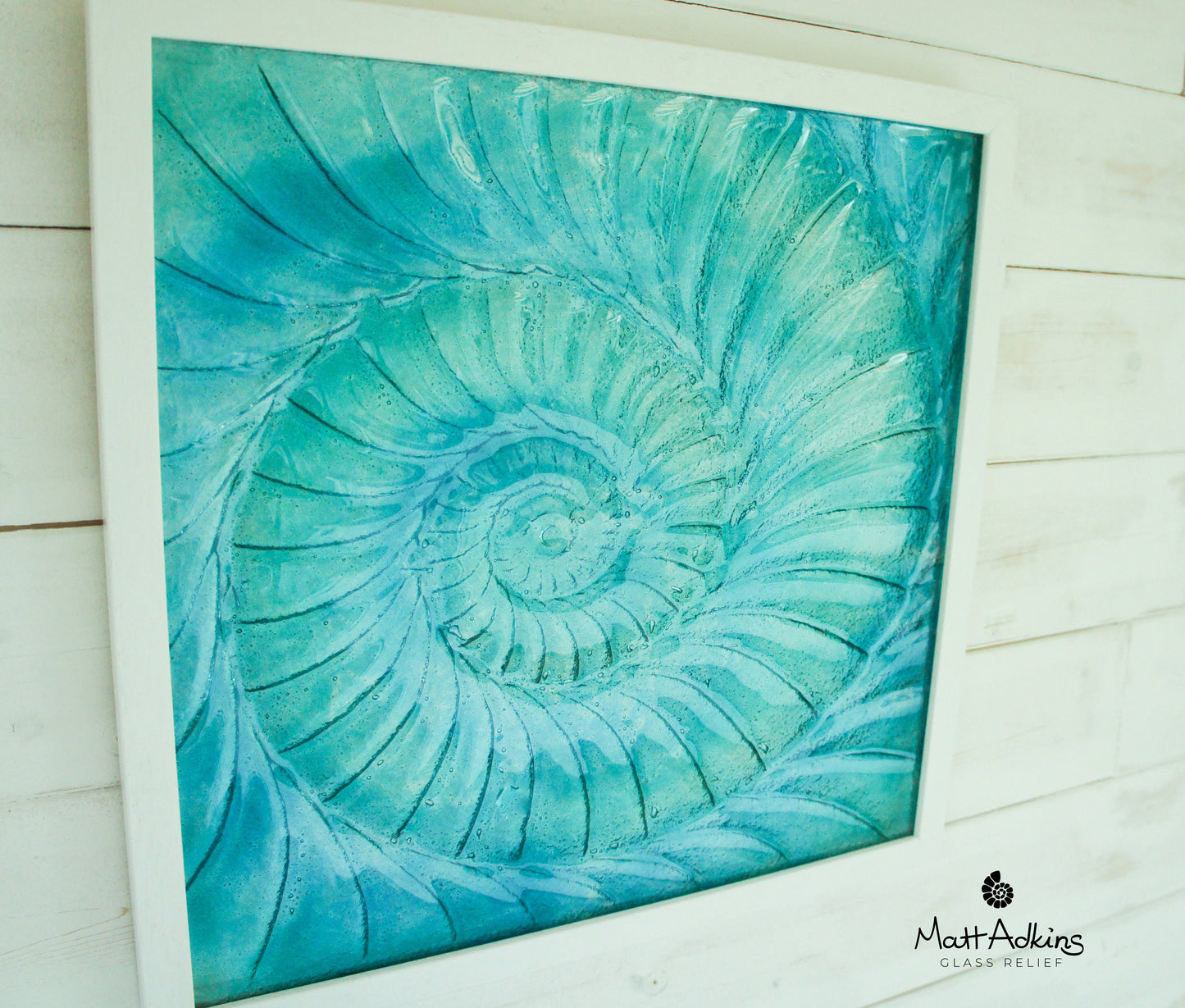 Large Ammonite Frame 44x44cm (17"x17"), Turquoise Blue Fossil Swirl Glass Sculpture Framed Picture, Nautilus Seashell Glass Wall Art