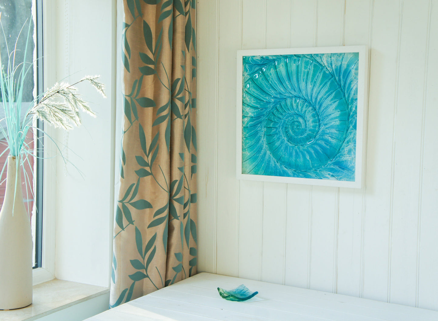 Large Ammonite Frame 44x44cm (17"x17"), Turquoise Blue Fossil Swirl Glass Sculpture Framed Picture, Nautilus Seashell Glass Wall Art