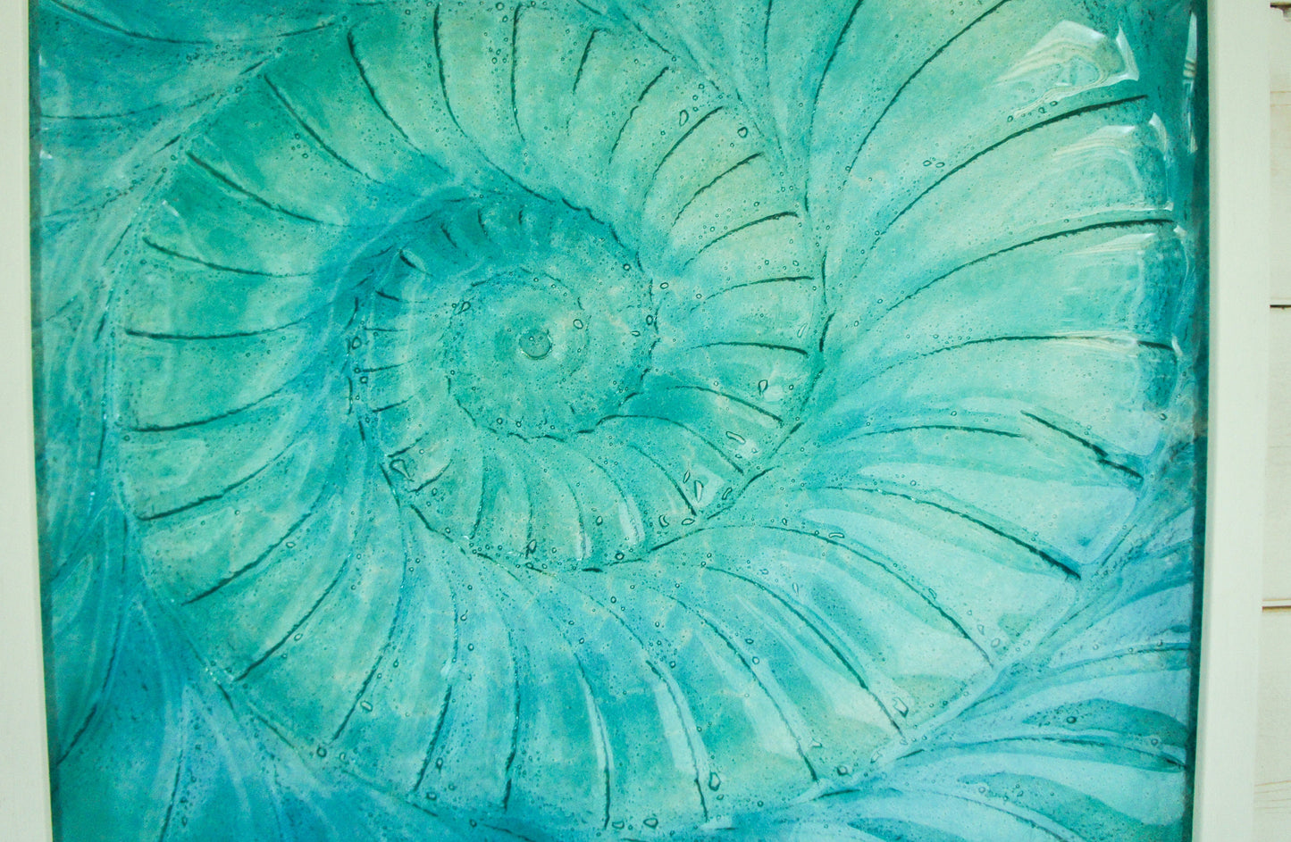 Large Ammonite Frame 44x44cm (17"x17"), Turquoise Blue Fossil Swirl Glass Sculpture Framed Picture, Nautilus Seashell Glass Wall Art