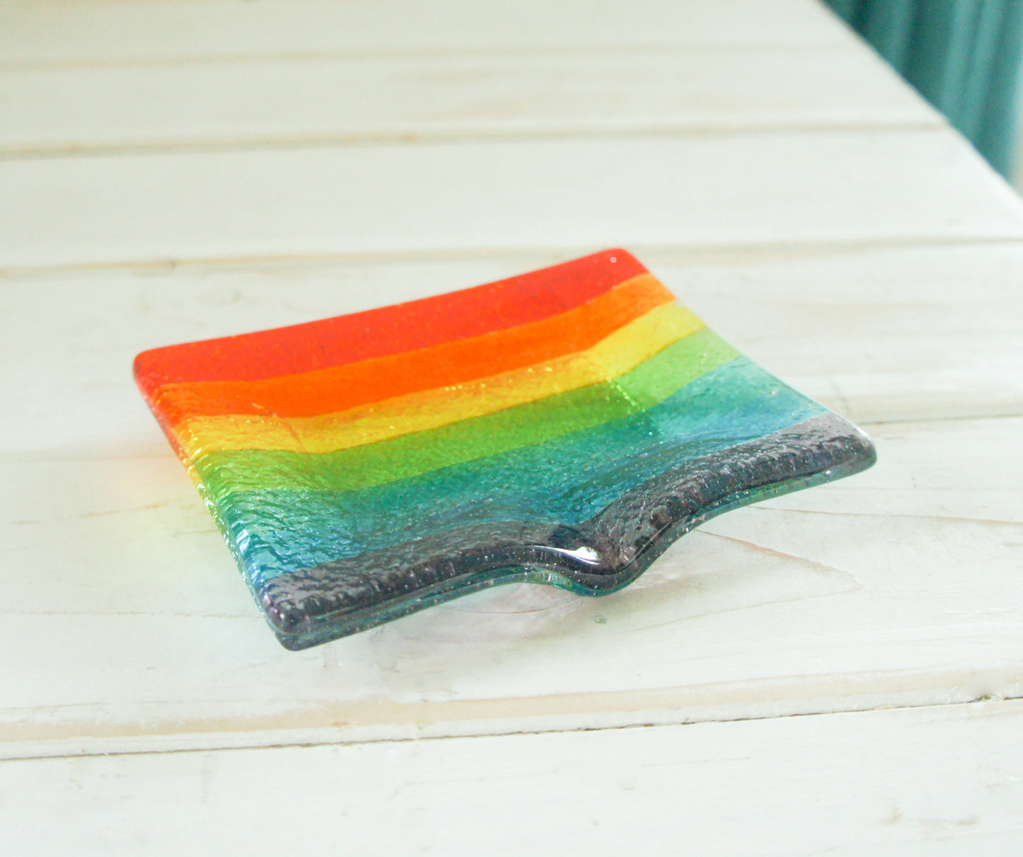 rainbow gifts	rainbow trinket dish	soap dispenser	bathroom decor	Fused Glass	glass soap tray	sympathy gift	hostess gift	handmade soapdish	soap dish with drain	new home gift	sea glass homeware	home accessories