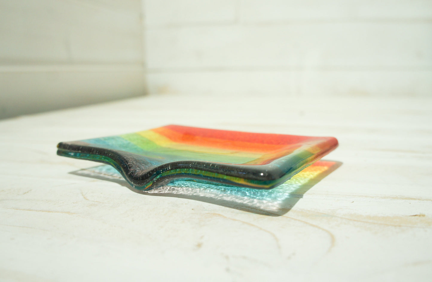 rainbow gifts	rainbow trinket dish	soap dispenser	bathroom decor	Fused Glass	glass soap tray	sympathy gift	hostess gift	handmade soapdish	soap dish with drain	new home gift	sea glass homeware	home accessories