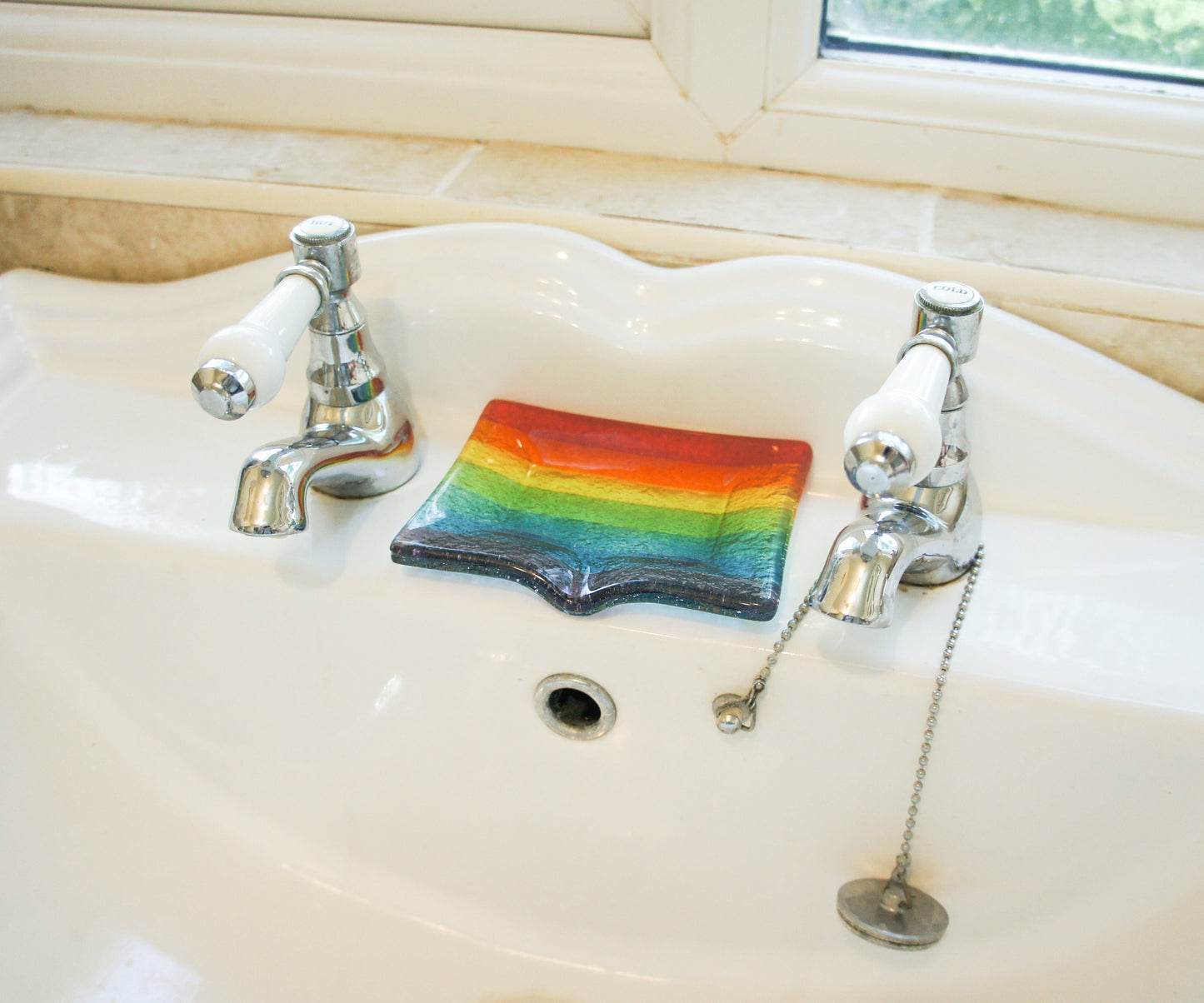 rainbow gifts	rainbow trinket dish	soap dispenser	bathroom decor	Fused Glass	glass soap tray	sympathy gift	hostess gift	handmade soapdish	soap dish with drain	new home gift	sea glass homeware	home accessories