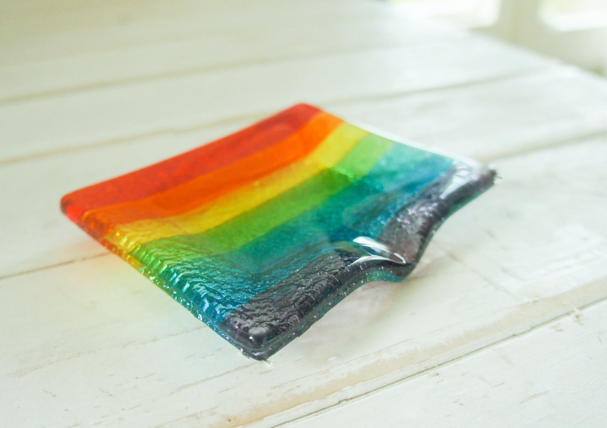 rainbow gifts	rainbow trinket dish	soap dispenser	bathroom decor	Fused Glass	glass soap tray	sympathy gift	hostess gift	handmade soapdish	soap dish with drain	new home gift	sea glass homeware	home accessories