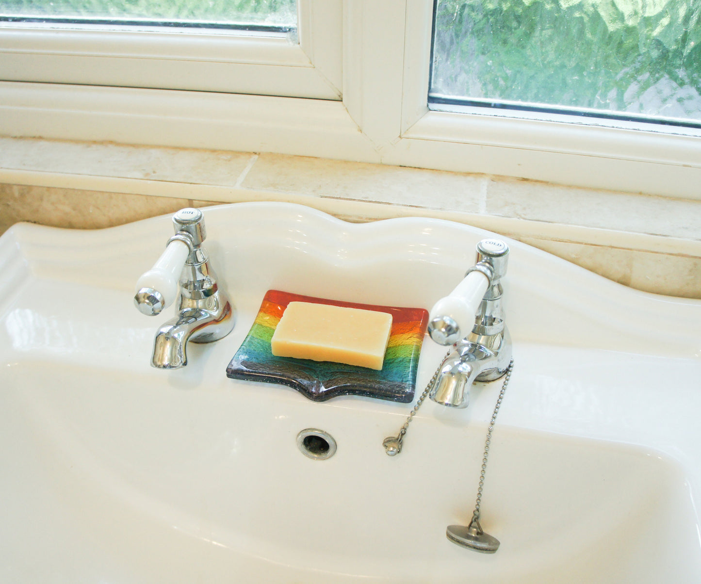 rainbow gifts	rainbow trinket dish	soap dispenser	bathroom decor	Fused Glass	glass soap tray	sympathy gift	hostess gift	handmade soapdish	soap dish with drain	new home gift	sea glass homeware	home accessories