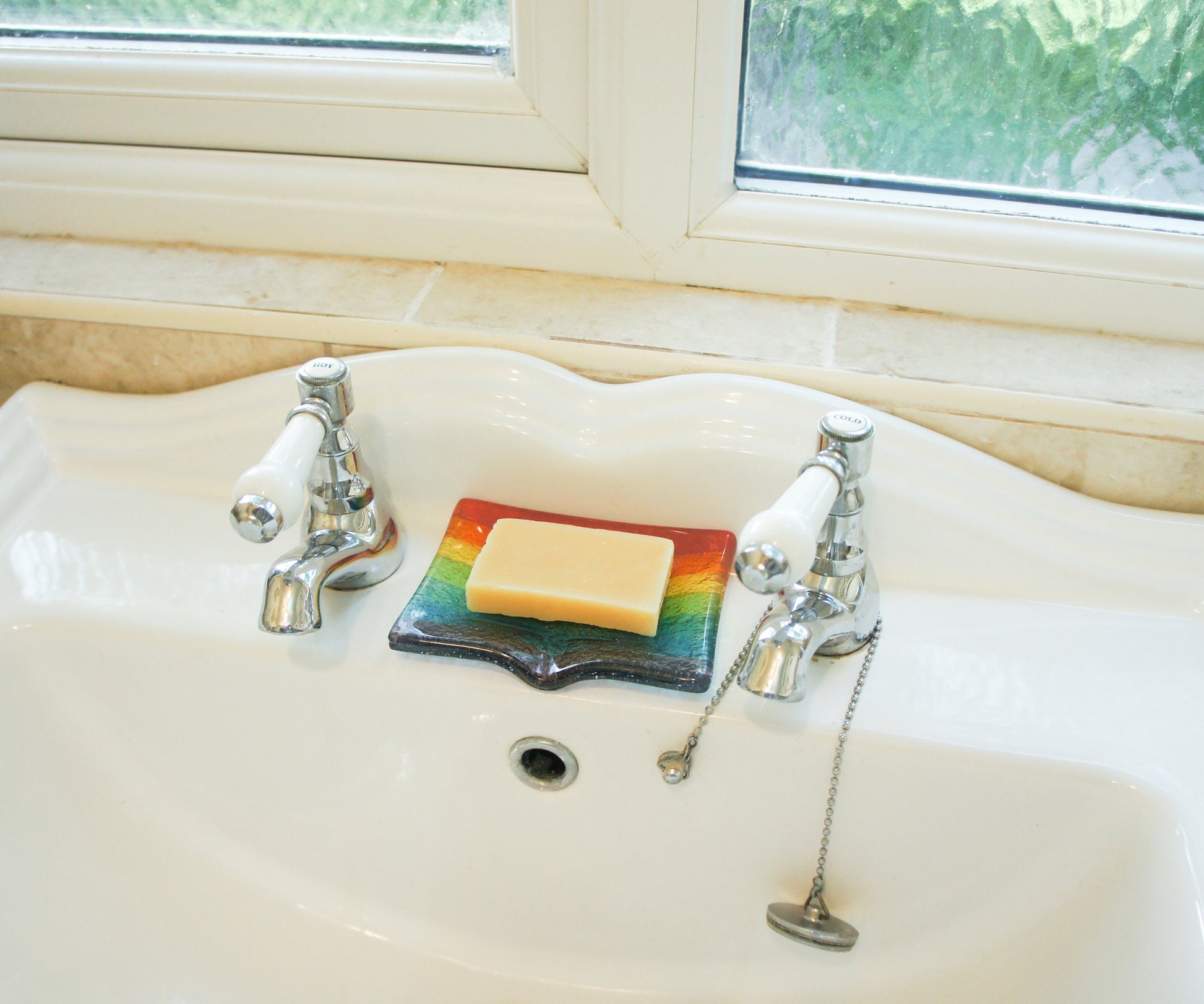 rainbow gifts	rainbow trinket dish	soap dispenser	bathroom decor	Fused Glass	glass soap tray	sympathy gift	hostess gift	handmade soapdish	soap dish with drain	new home gift	sea glass homeware	home accessories