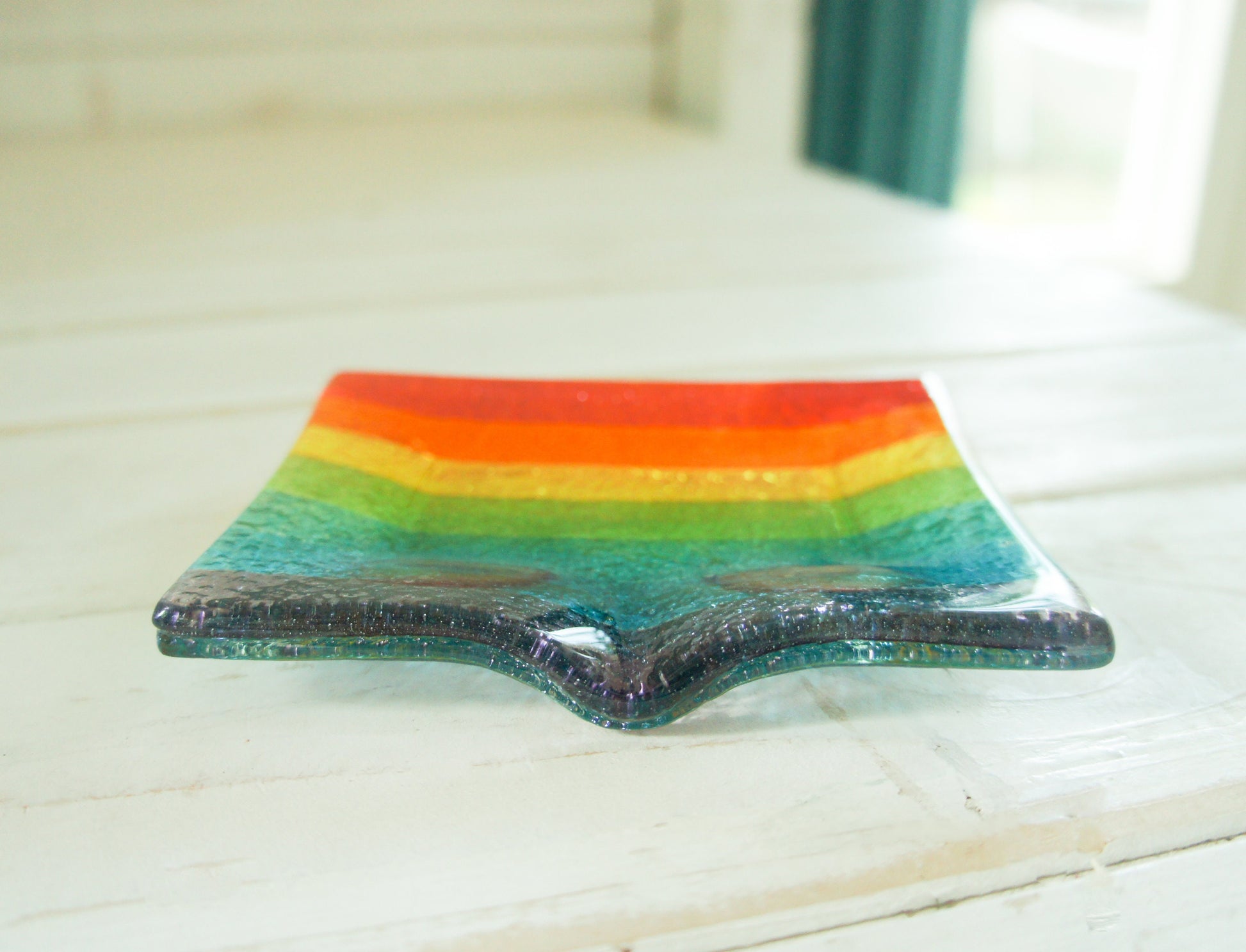 rainbow gifts	rainbow trinket dish	soap dispenser	bathroom decor	Fused Glass	glass soap tray	sympathy gift	hostess gift	handmade soapdish	soap dish with drain	new home gift	sea glass homeware	home accessories