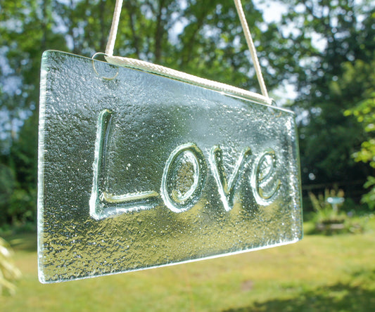 Love Suncatcher 20x10cm(8x4"), Love Sign Fused Glass Clear Hanging Suncatcher, Handmade Window Decoration Art, love sign