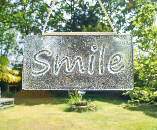 Smile Suncatcher 20x10cm(8x4"), Smile Sign Fused Glass Clear Hanging Suncatcher, Handmade Window Decoration Art, gifts, housewarming gifts