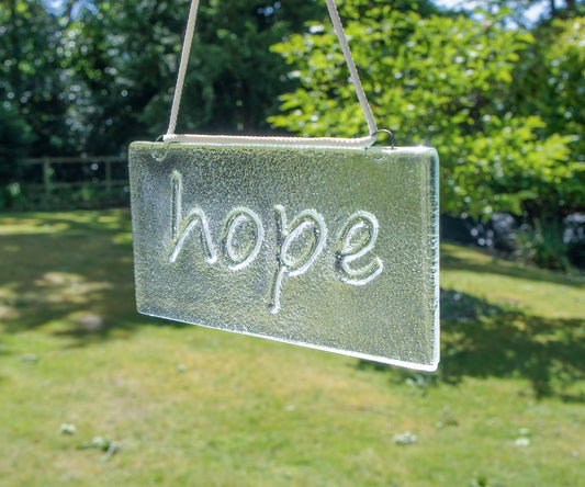 Hope Suncatcher 20x10cm(8x4") ,Sign Fused Glass Clear Hanging Suncatcher, Handmade Window Decoration Art, glass suncatcher