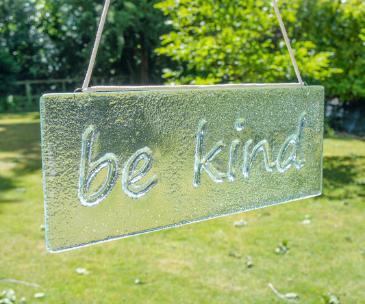 be kind Suncatcher 34x13cm(13 1/2x5"), be kind Sign Fused Glass Clear Hanging Suncatcher, Handmade Window Decoration Art