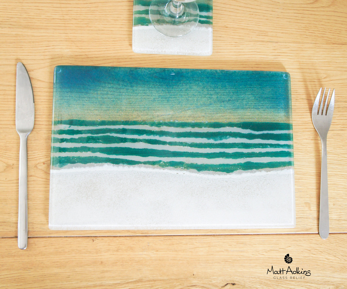 Beach Placemat 30x20cm(11 3/4x8 1/4") | Turquoise Beach Fused Glass Seaside Table Pad | Beach House Glass Tableware | Beach Table Mat