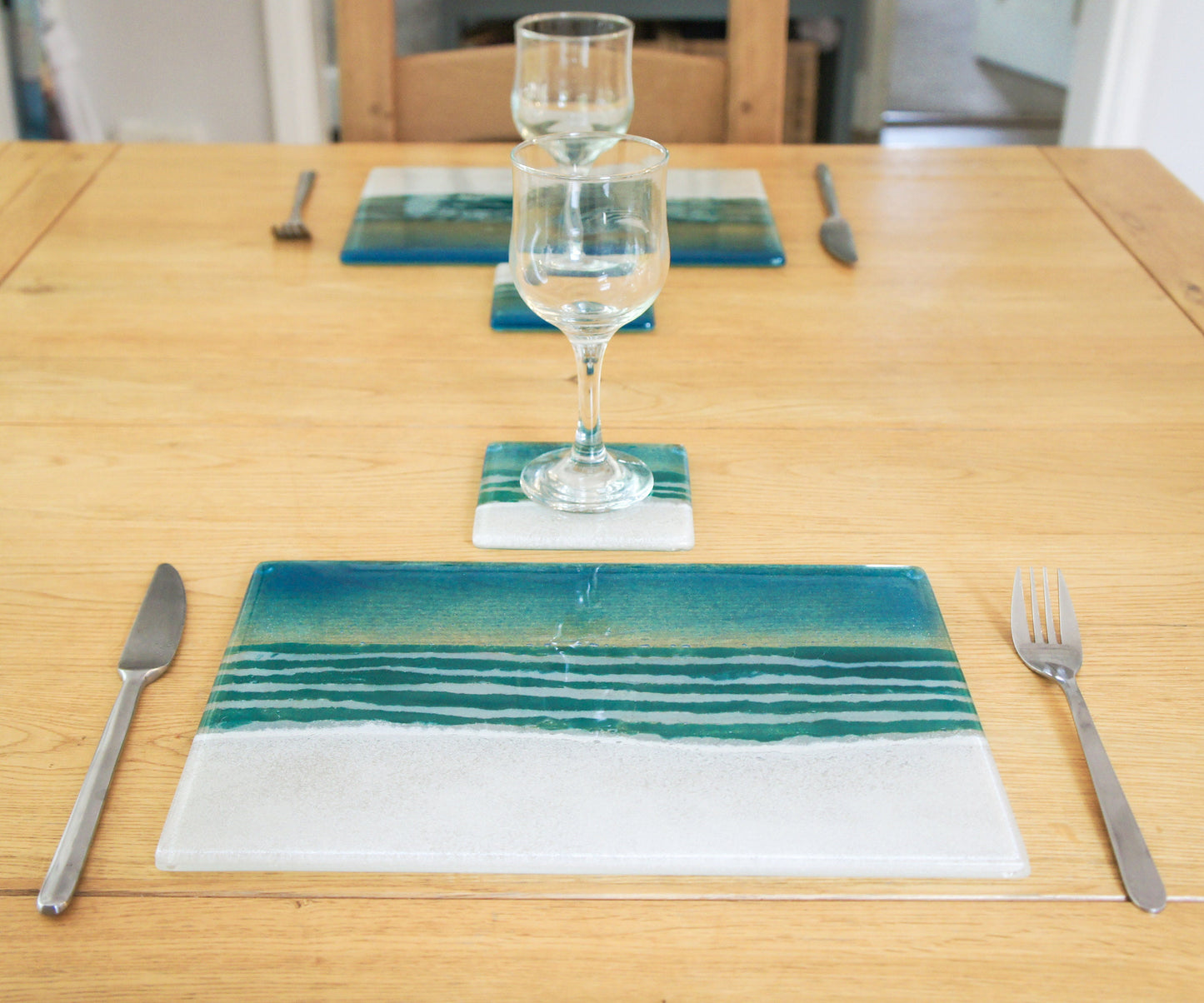 Beach Placemat 30x20cm(11 3/4x8 1/4") | Turquoise Beach Fused Glass Seaside Table Pad | Beach House Glass Tableware | Beach Table Mat