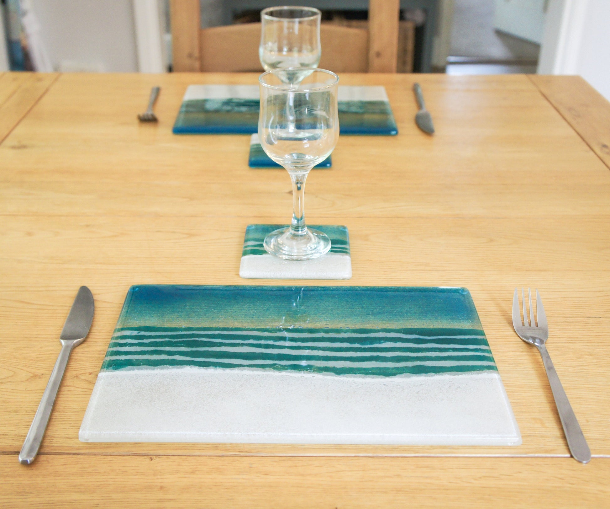 Beach Placemat 30x20cm(11 3/4x8 1/4") | Turquoise Beach Fused Glass Seaside Table Pad | Beach House Glass Tableware | Beach Table Mat