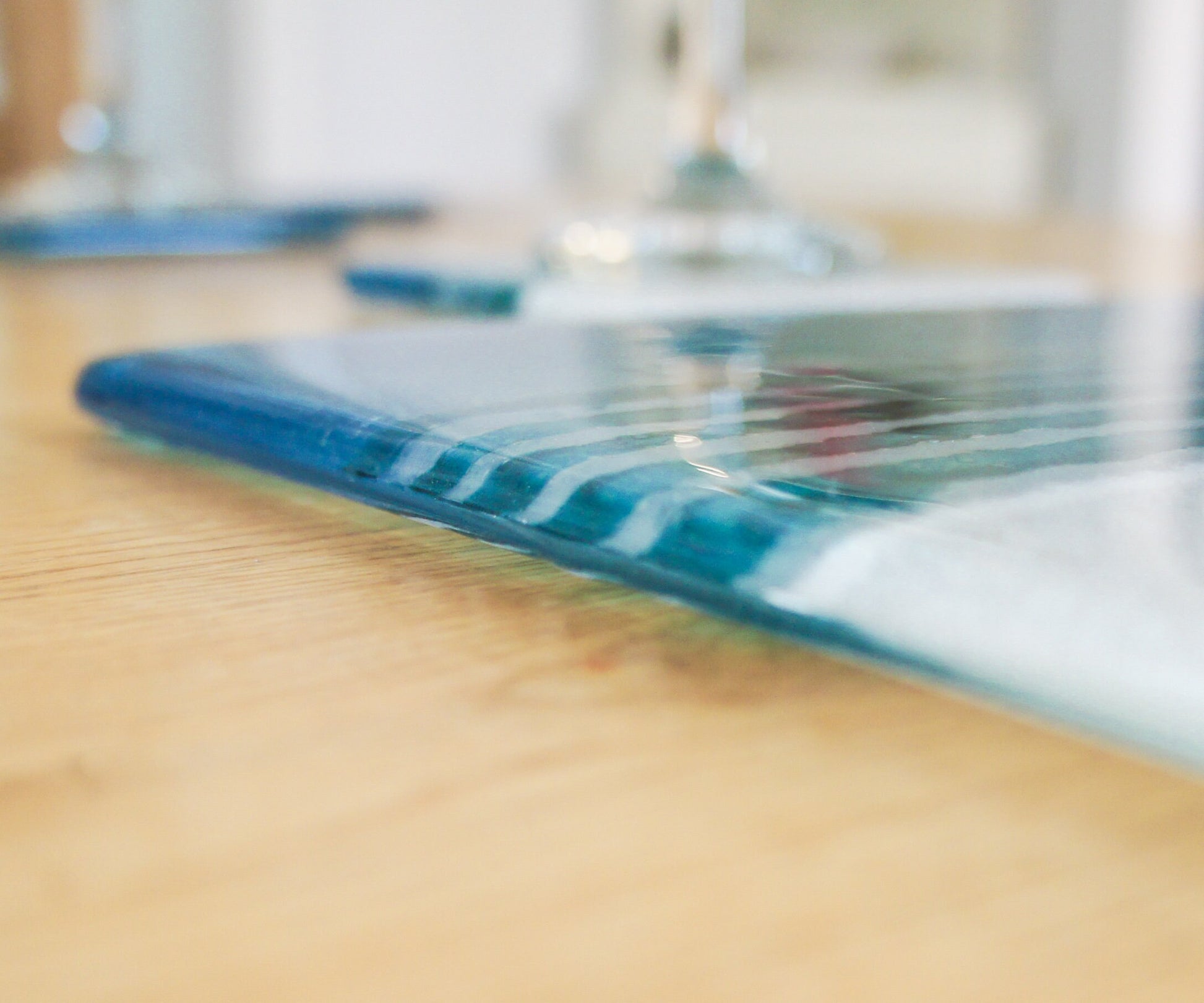 Beach Placemat + coaster, Turquoise Beach Fused Glass Sea Table Mats 30x20cm(11 3/4x8 1/4") with coaster 10cm, Coastal House Glass Tableware