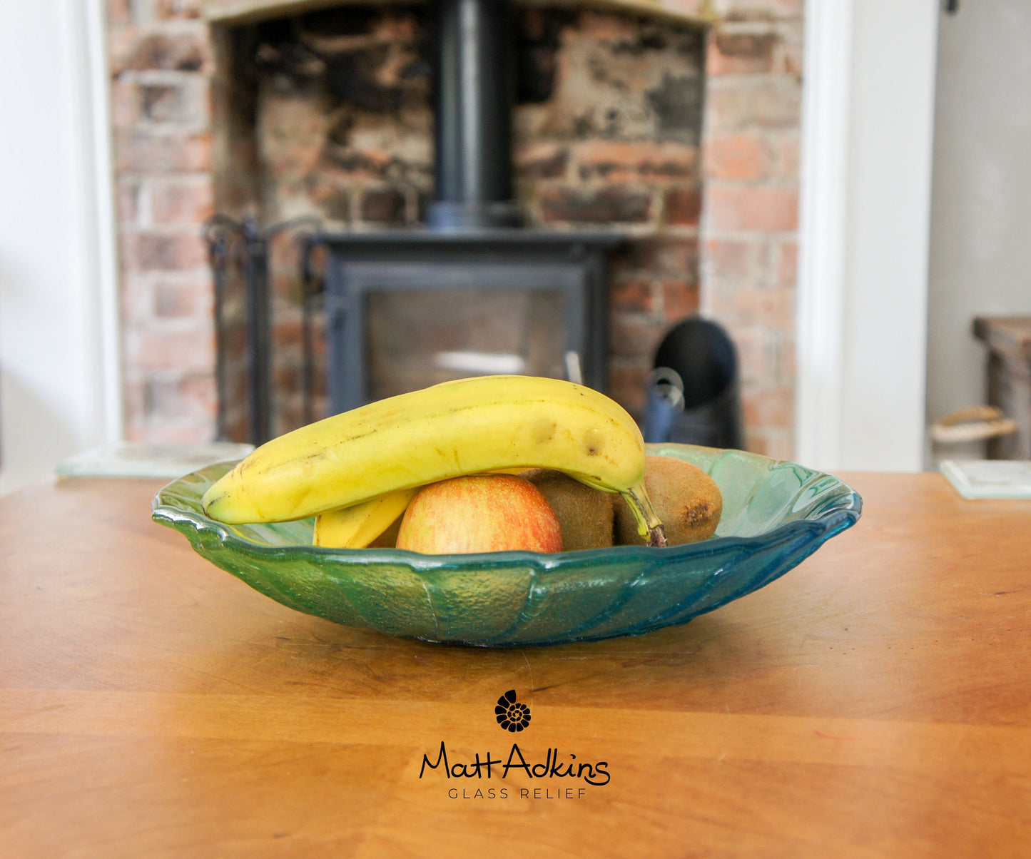 blue green ammonite fused glass bowl, decorative bowl, blue lime green fruit bowl, green bowl, blue teal glass bowl, sea glass bowl