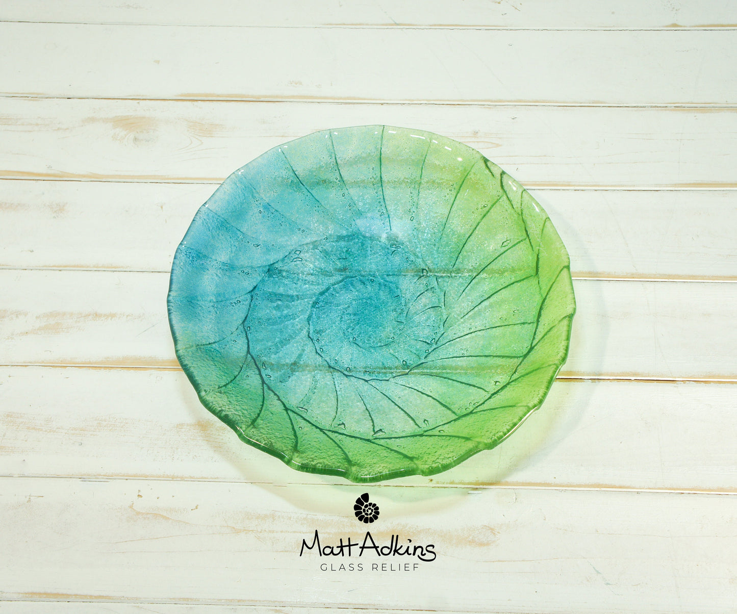 blue green ammonite fused glass bowl, decorative bowl, blue lime green fruit bowl, green bowl, blue teal glass bowl, sea glass bowl