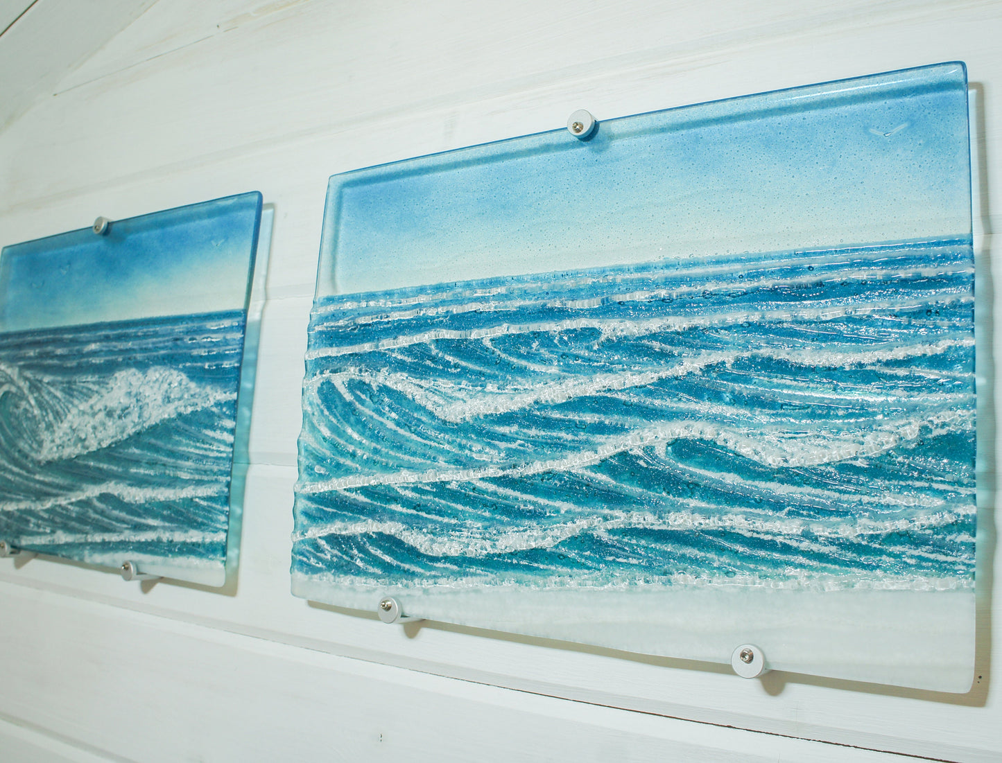 Fused Glass Triptych Wall Art, 3 wall panels: left and right panels 40x30cm (16x12"), middle panel 43x30cm (17x12") with fixings, large art