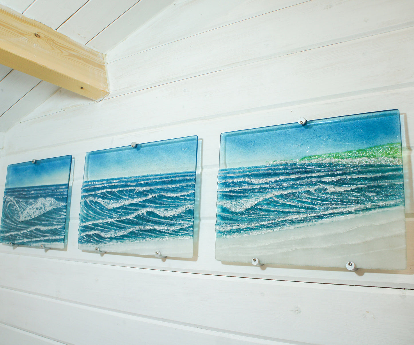 Fused Glass Triptych Wall Art, 3 wall panels: left and right panels 40x30cm (16x12"), middle panel 43x30cm (17x12") with fixings, large art