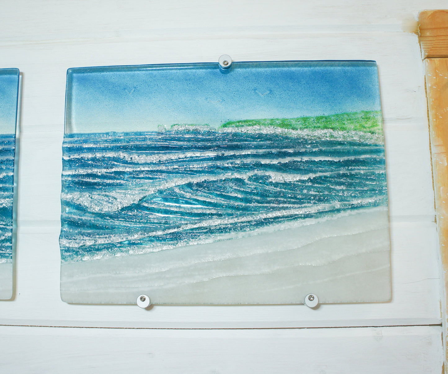 Fused Glass Triptych Wall Art, 3 wall panels: left and right panels 40x30cm (16x12"), middle panel 43x30cm (17x12") with fixings, large art