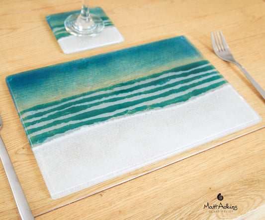 Beach Placemat 30x20cm(11 3/4x8 1/4") | Turquoise Beach Fused Glass Seaside Table Pad | Beach House Glass Tableware | Beach Table Mat