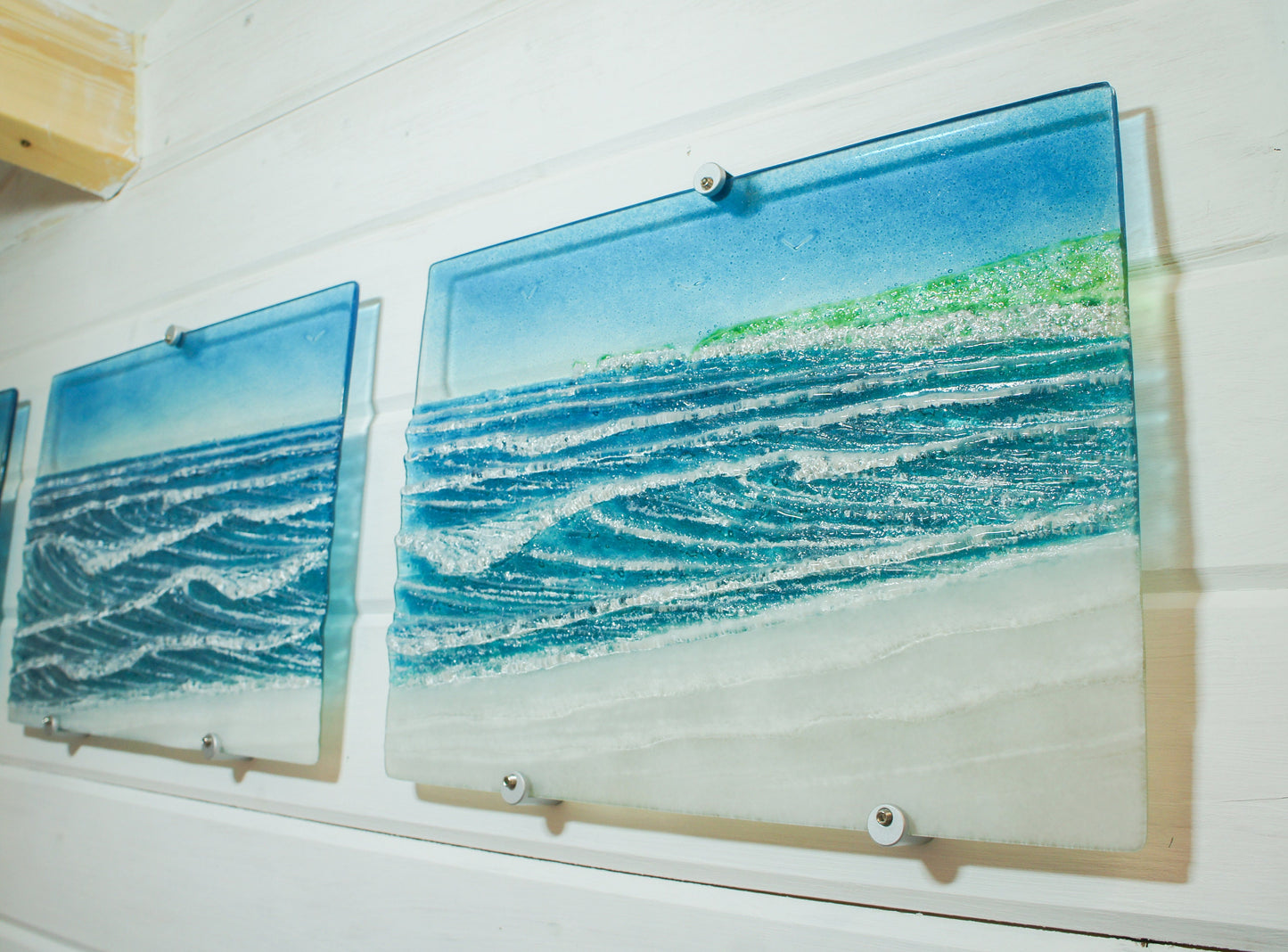 Fused Glass Triptych Wall Art, 3 wall panels: left and right panels 40x30cm (16x12"), middle panel 43x30cm (17x12") with fixings, large art