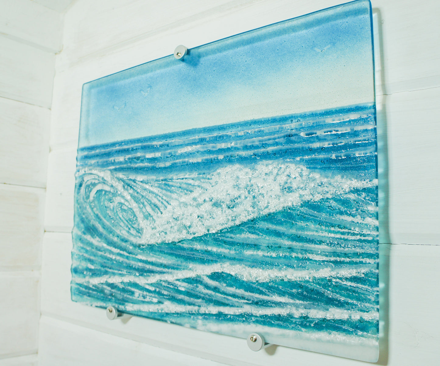 Fused Glass Triptych Wall Art, 3 wall panels: left and right panels 40x30cm (16x12"), middle panel 43x30cm (17x12") with fixings, large art