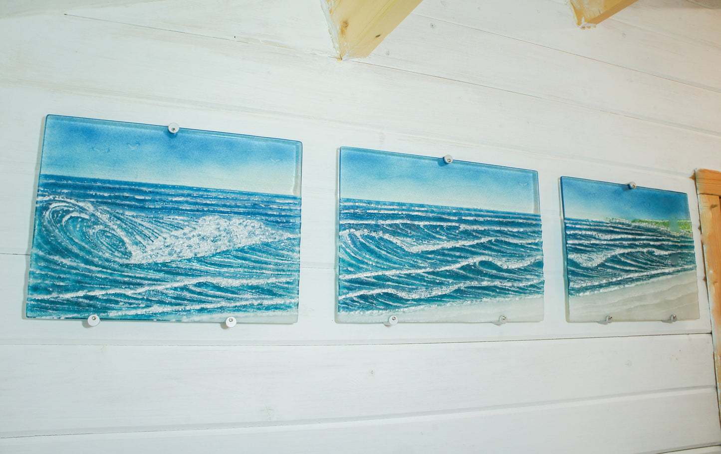 Fused Glass Triptych Wall Art, 3 wall panels: left and right panels 40x30cm (16x12"), middle panel 43x30cm (17x12") with fixings, large art