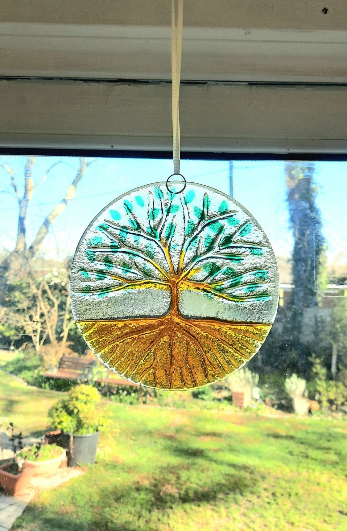 Tree of Life Suncatcher 15cm(6"), Round Tree of Life Glass Suncatcher Glass Art, Hanging Window Fused Glass Art with ribbon