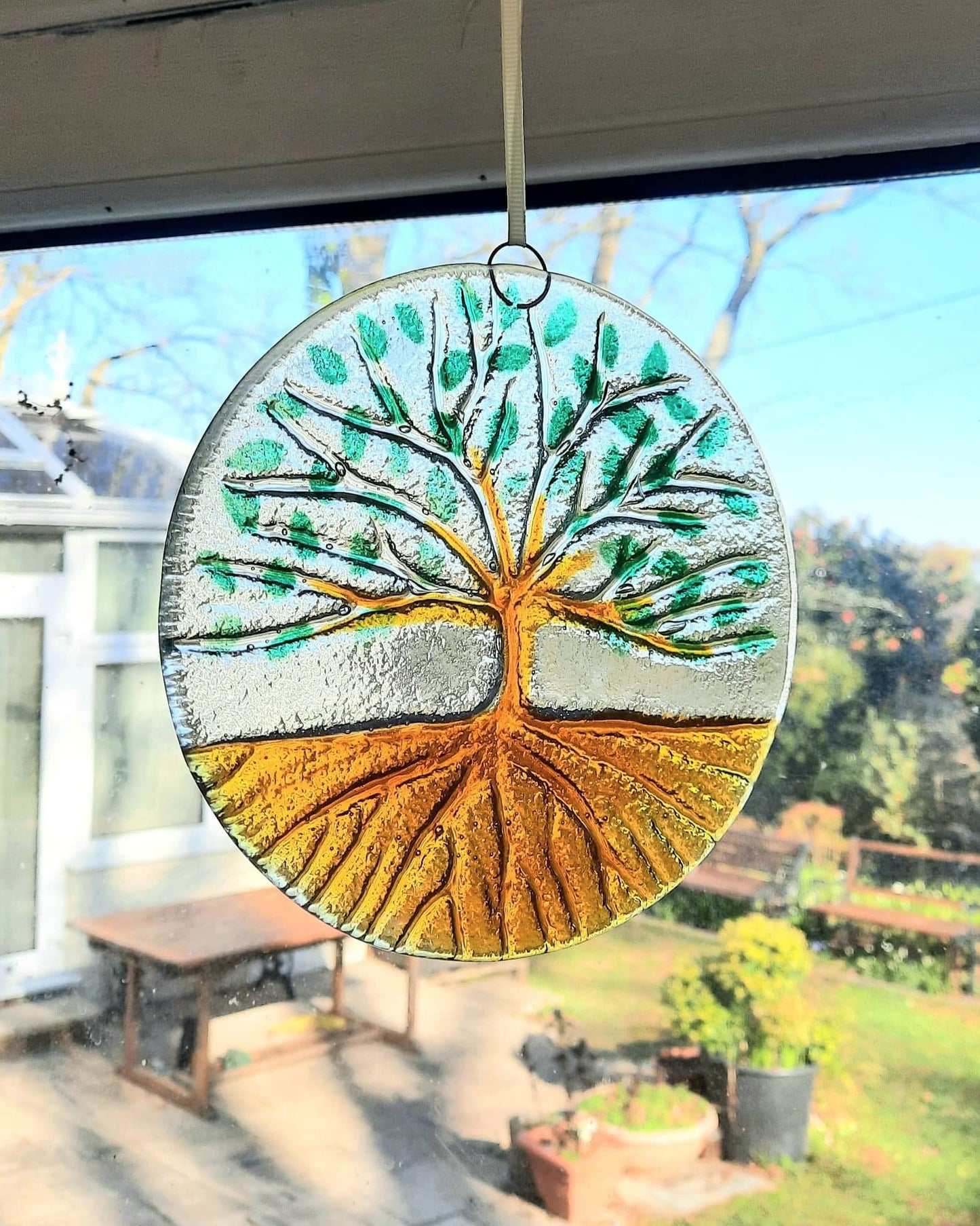 Tree of Life Suncatcher 15cm(6"), Round Tree of Life Glass Suncatcher Glass Art, Hanging Window Fused Glass Art with ribbon