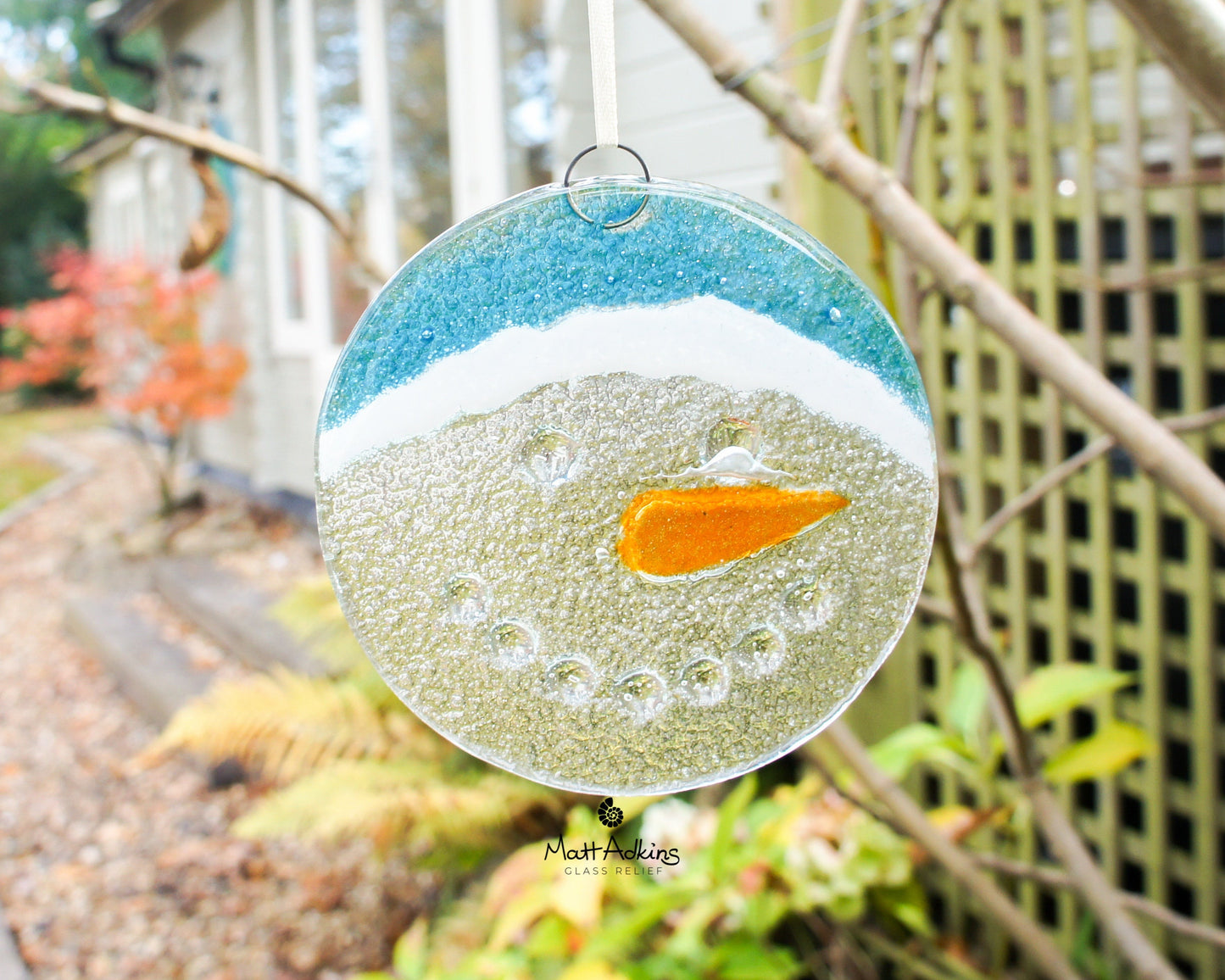 Snowman Suncatcher 12cm(5") blue hat | Christmas Glass Hanging Window Decoration | Fused Glass Suncatcher