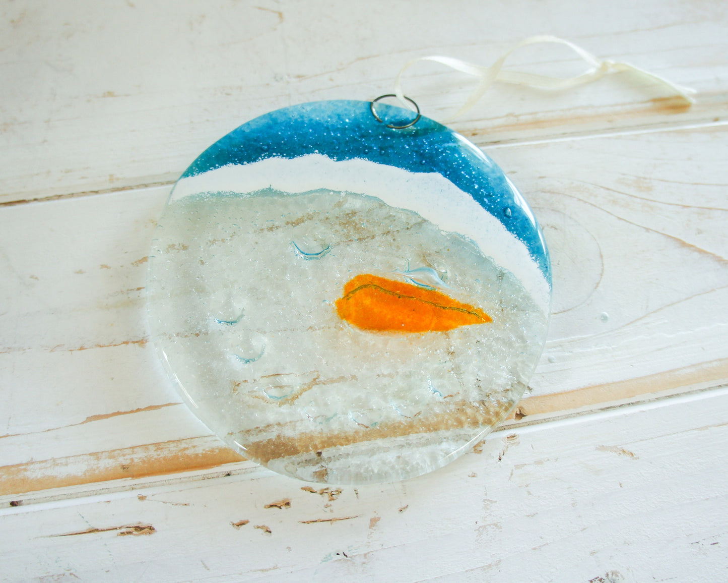 Snowman Suncatcher 12cm(5") blue hat | Christmas Glass Hanging Window Decoration | Fused Glass Suncatcher