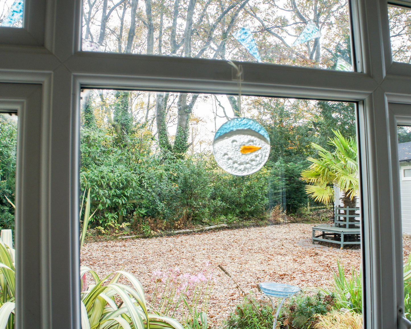 Snowman Suncatcher 12cm(5") blue hat | Christmas Glass Hanging Window Decoration | Fused Glass Suncatcher