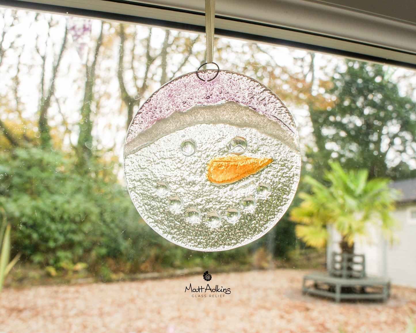 Snowman Suncatcher 12cm(5") purple hat | Christmas lilac Glass Hanging Window Decoration | Fused Glass Suncatcher snowman hanging