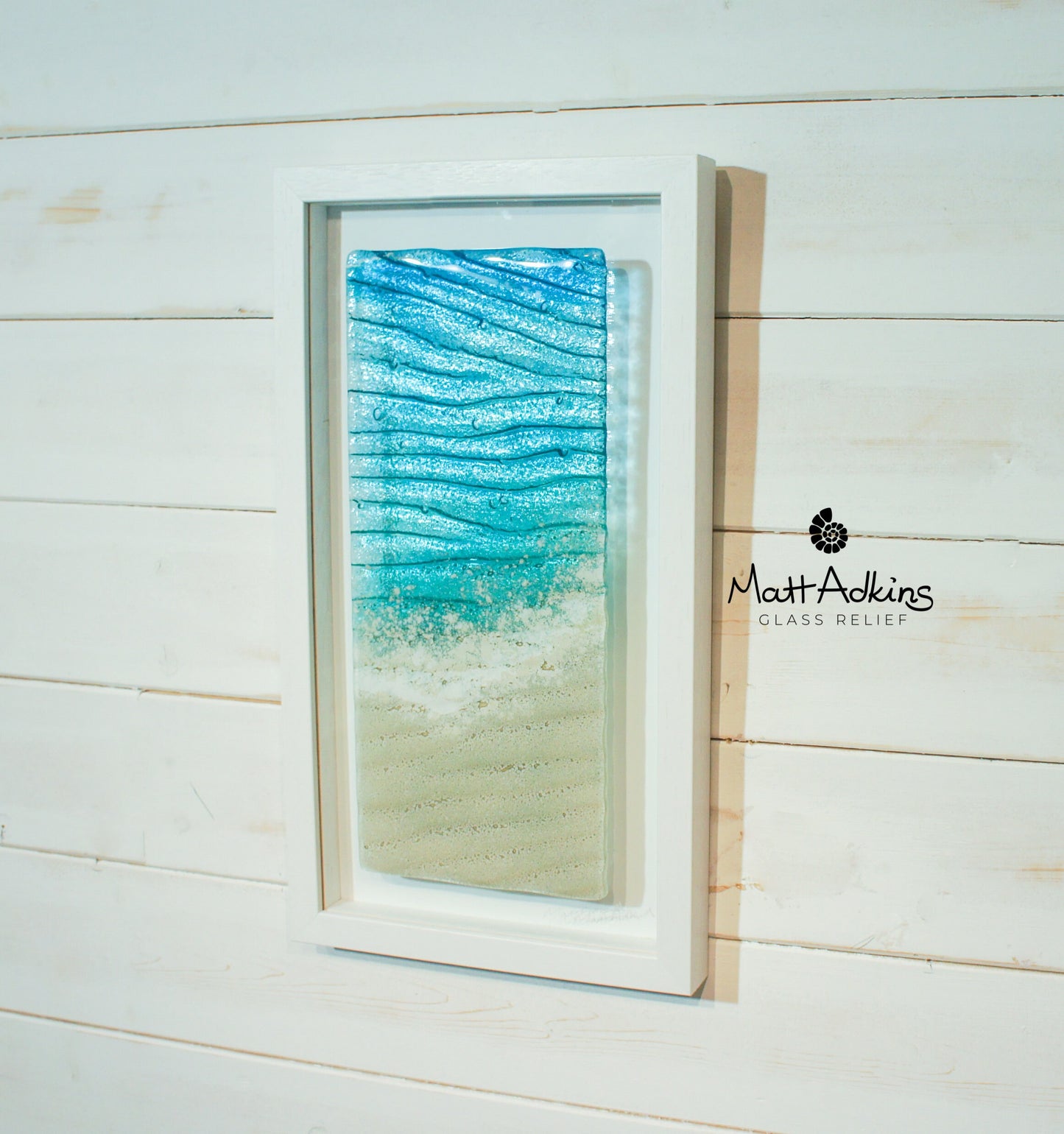 Triptych Paradise Frames including 2 at 25cmx45cm(10x17") + 1 at 45x45cm(17x17"), 3 Paradise Large Square Sea Beach Fused Glass Frames