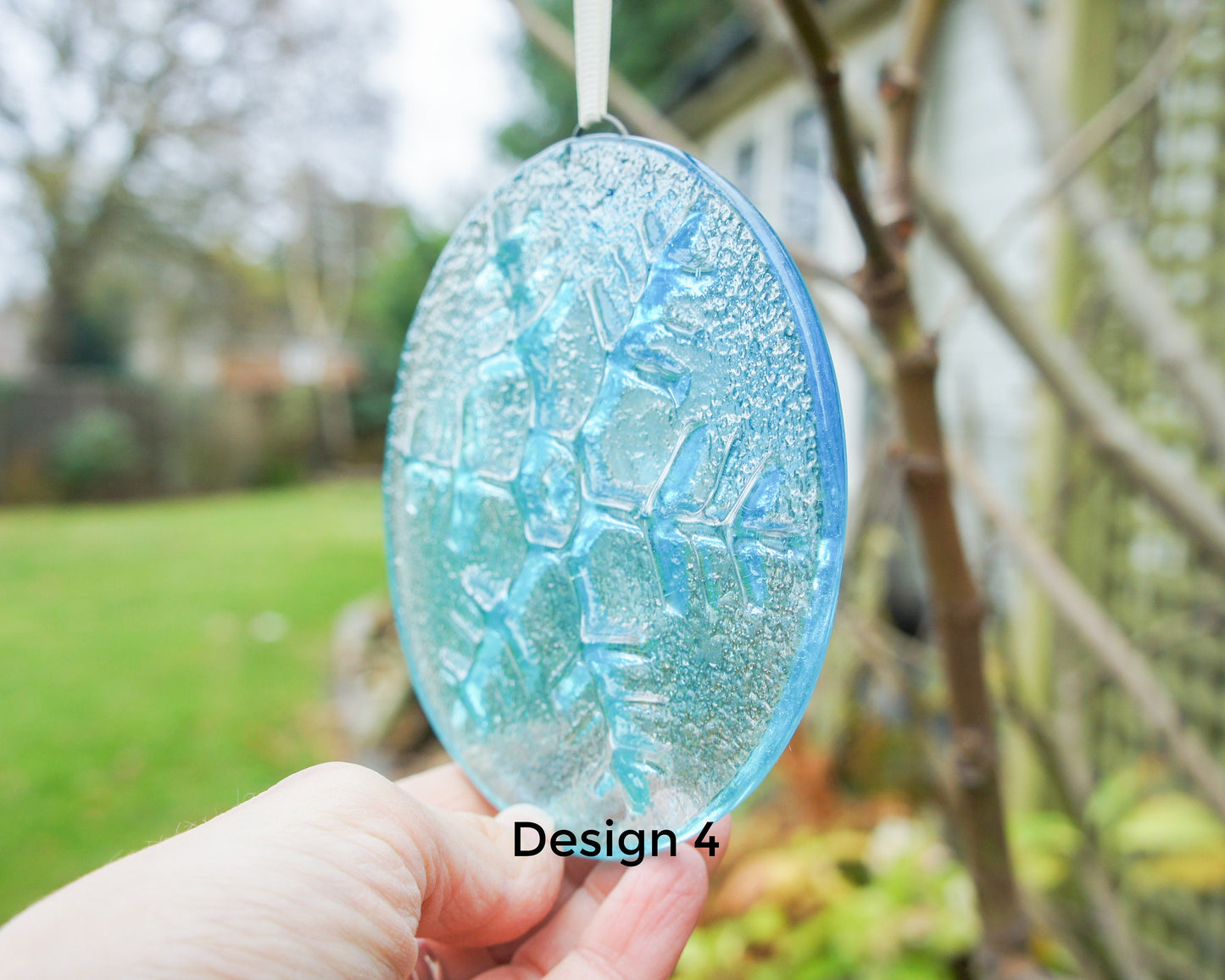 Snowflake Suncatcher 12cm(5") Turquoise and/or Clear Design 4 | Snowflake Winter Christmas Glass Hanging Window Decor | Fused Glass Round