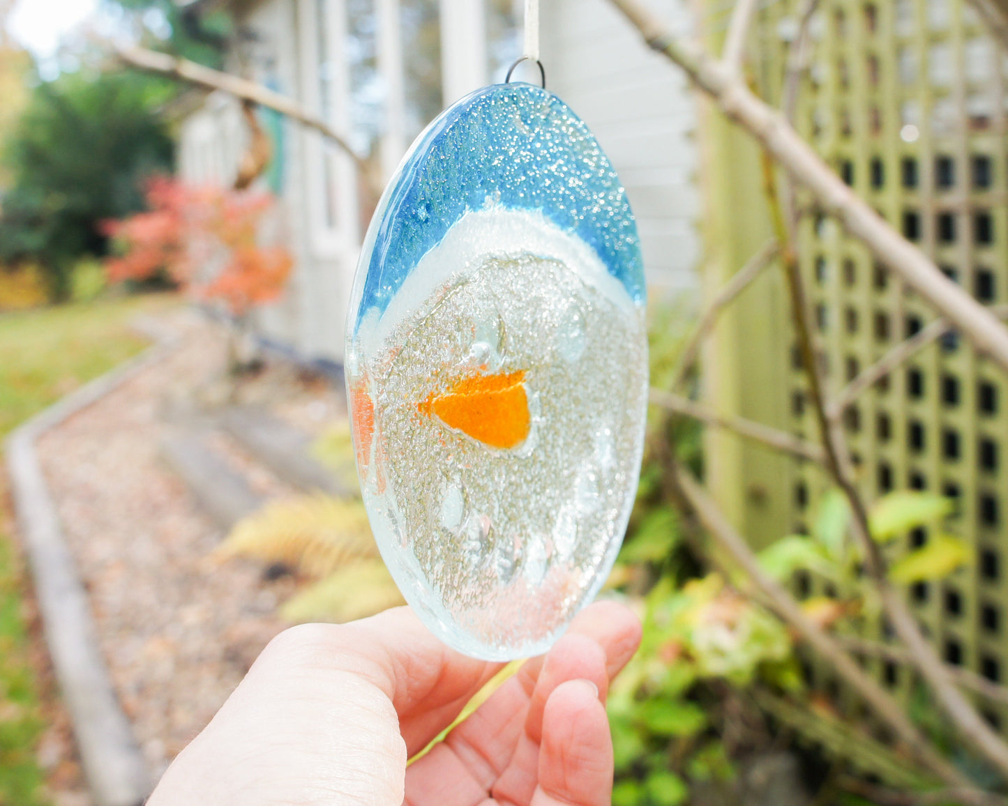 Snowman Suncatcher 12cm(5") blue hat | Christmas Glass Hanging Window Decoration | Fused Glass Suncatcher