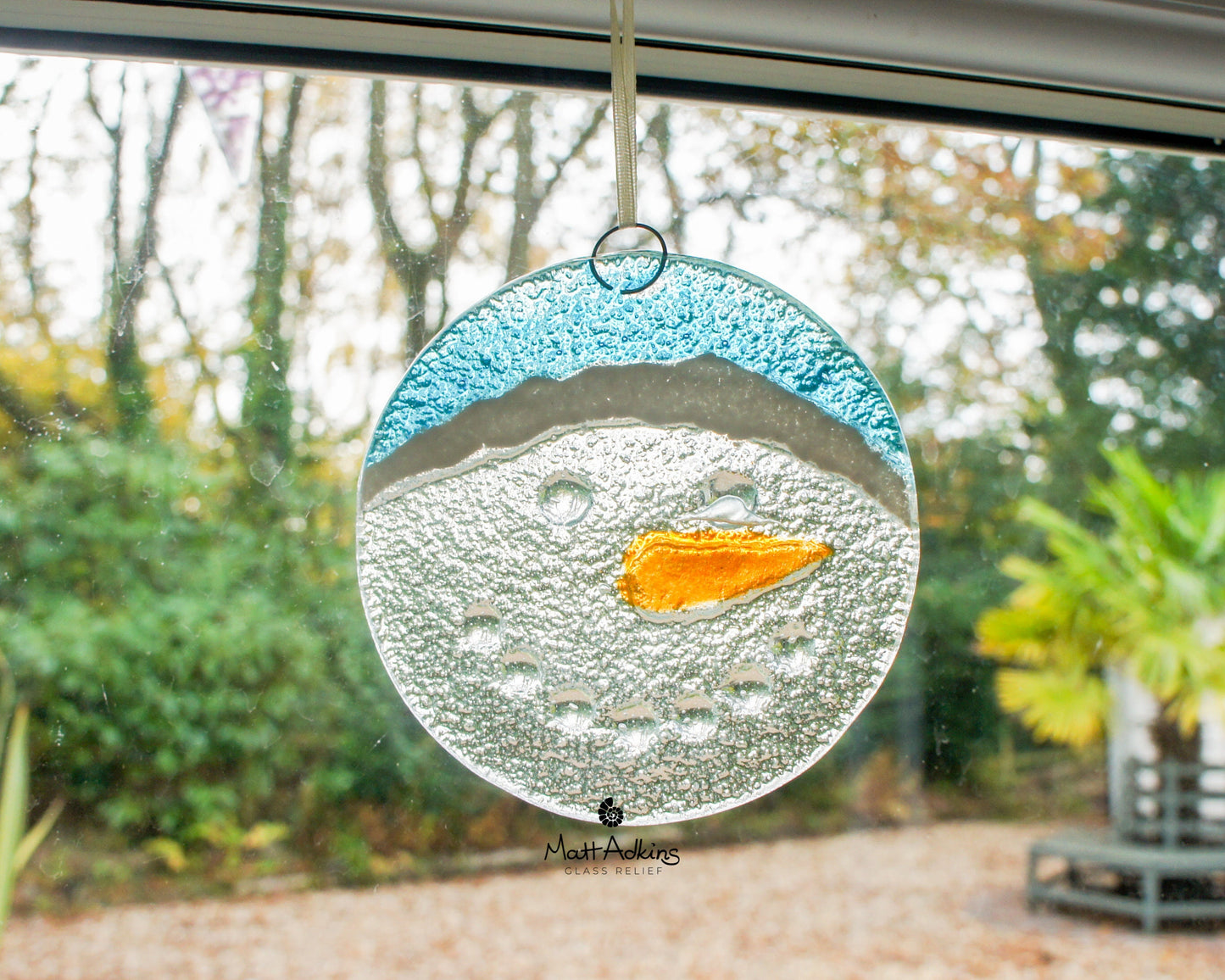Snowman Suncatcher 12cm(5") blue hat | Christmas Glass Hanging Window Decoration | Fused Glass Suncatcher