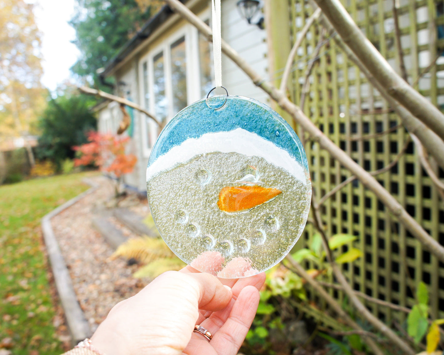 Snowman Suncatcher 12cm(5") blue hat | Christmas Glass Hanging Window Decoration | Fused Glass Suncatcher