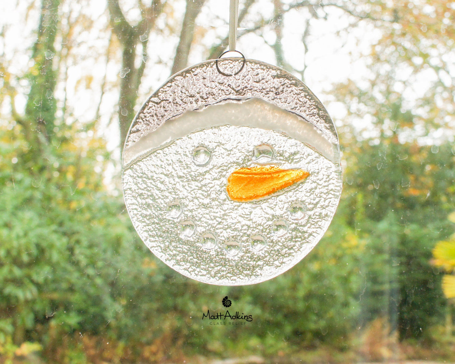Snowman Suncatcher 12cm(5") grey hat | Christmas Glass Hanging Window Decoration | Fused Glass Suncatcher snowman hanging