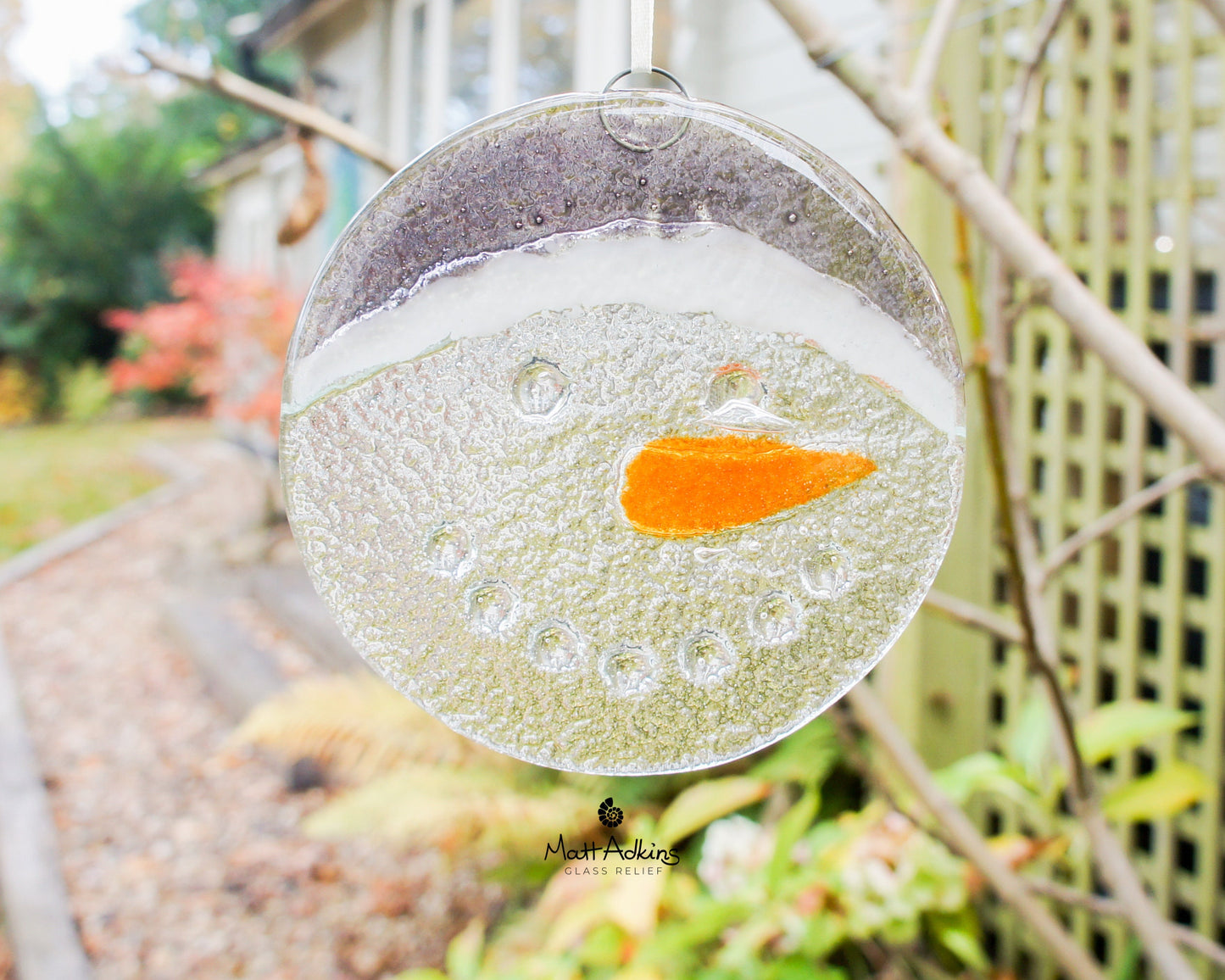 Snowman Suncatcher 12cm(5") grey hat | Christmas Glass Hanging Window Decoration | Fused Glass Suncatcher snowman hanging